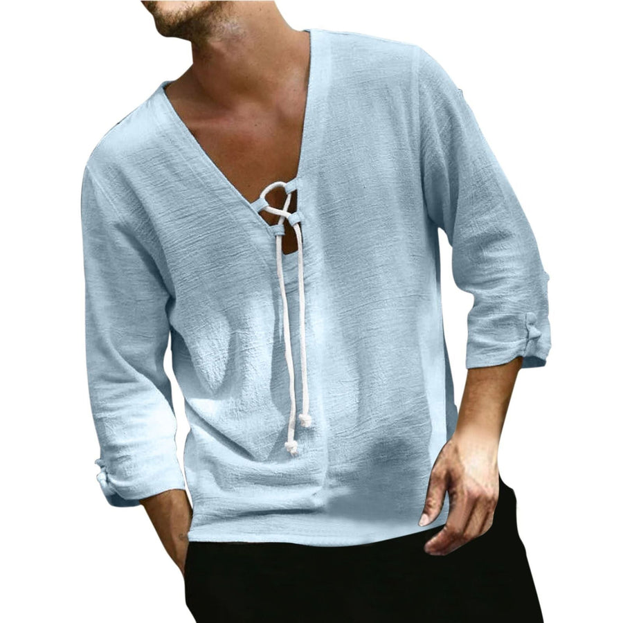 Mirko Casual Linen Blouse with V-Neck in Light Blue