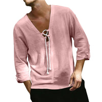 Mirko Casual Linen Blouse with V-Neck in Pink