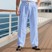 Mirko Linen Trousers with Elastic Waist and Pleated in Blue