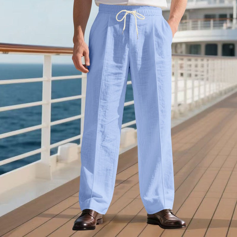 Mirko Linen Trousers with Elastic Waist and Pleated in Blue