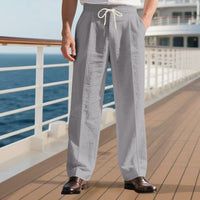 Mirko Linen Trousers with Elastic Waist and Pleated in Grey