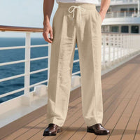 Mirko Linen Trousers with Elastic Waist and Pleated in Khaki