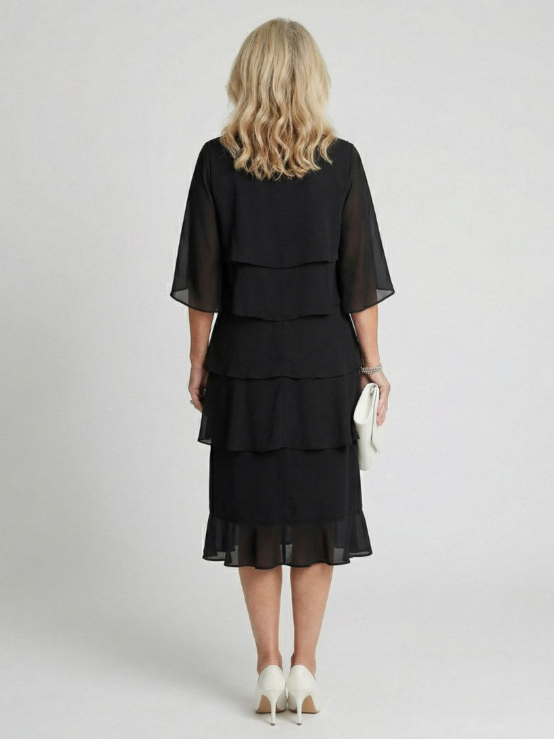 Moira Women's Tiered Round Neck Midi Dress in Black