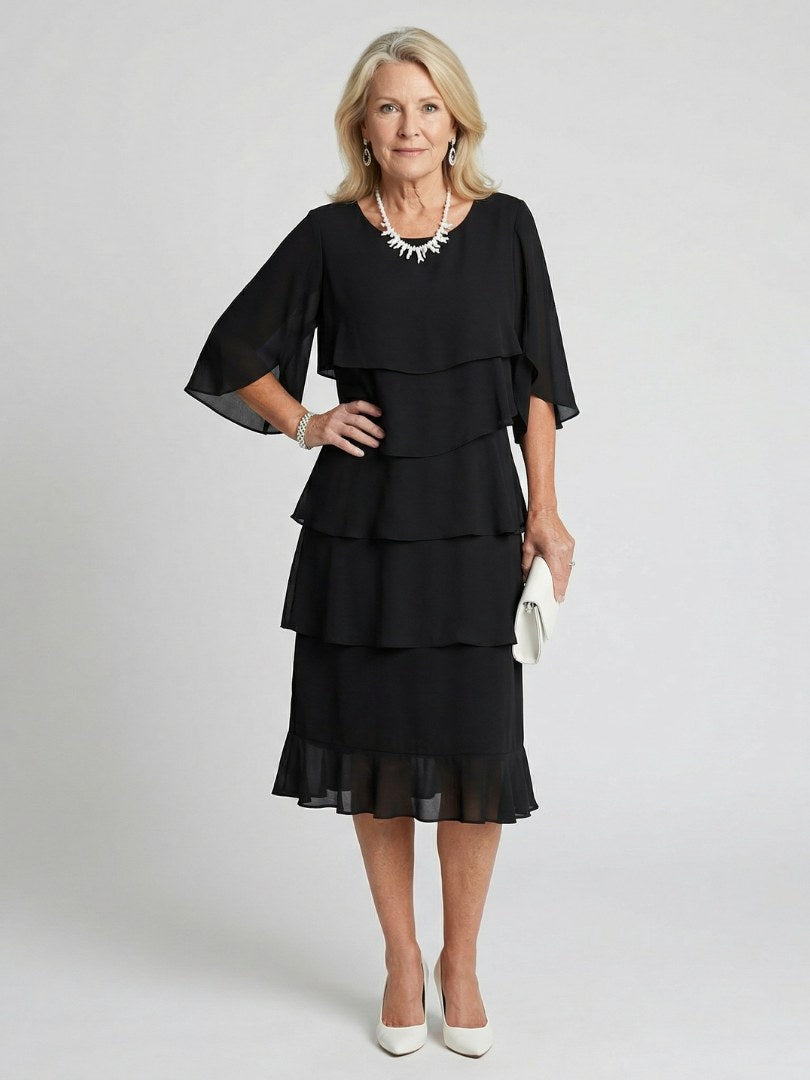 Moira Women's Tiered Round Neck Midi Dress in Black