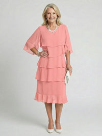 Moira Women's Tiered Round Neck Midi Dress in Pink