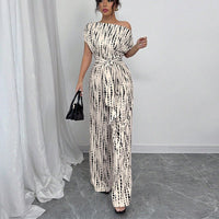 Mona Women's Off Shoulder Wide Leg Jumpsuit Tie Waist Printed in White
