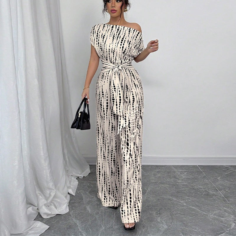 Mona Women's Off Shoulder Wide Leg Jumpsuit Tie Waist Printed in White
