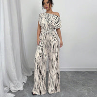 Mona Women's Off Shoulder Wide Leg Jumpsuit Tie Waist Printed in White