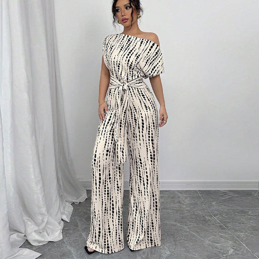 Mona Women's Off Shoulder Wide Leg Jumpsuit Tie Waist Printed in White