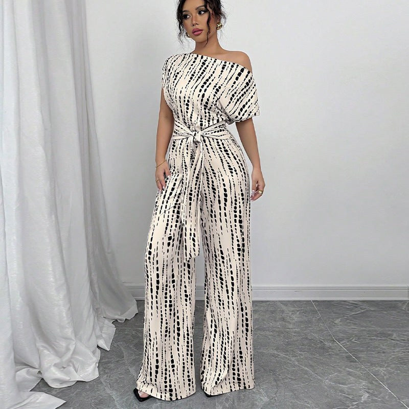 Mona Women's Off Shoulder Wide Leg Jumpsuit Tie Waist Printed in White