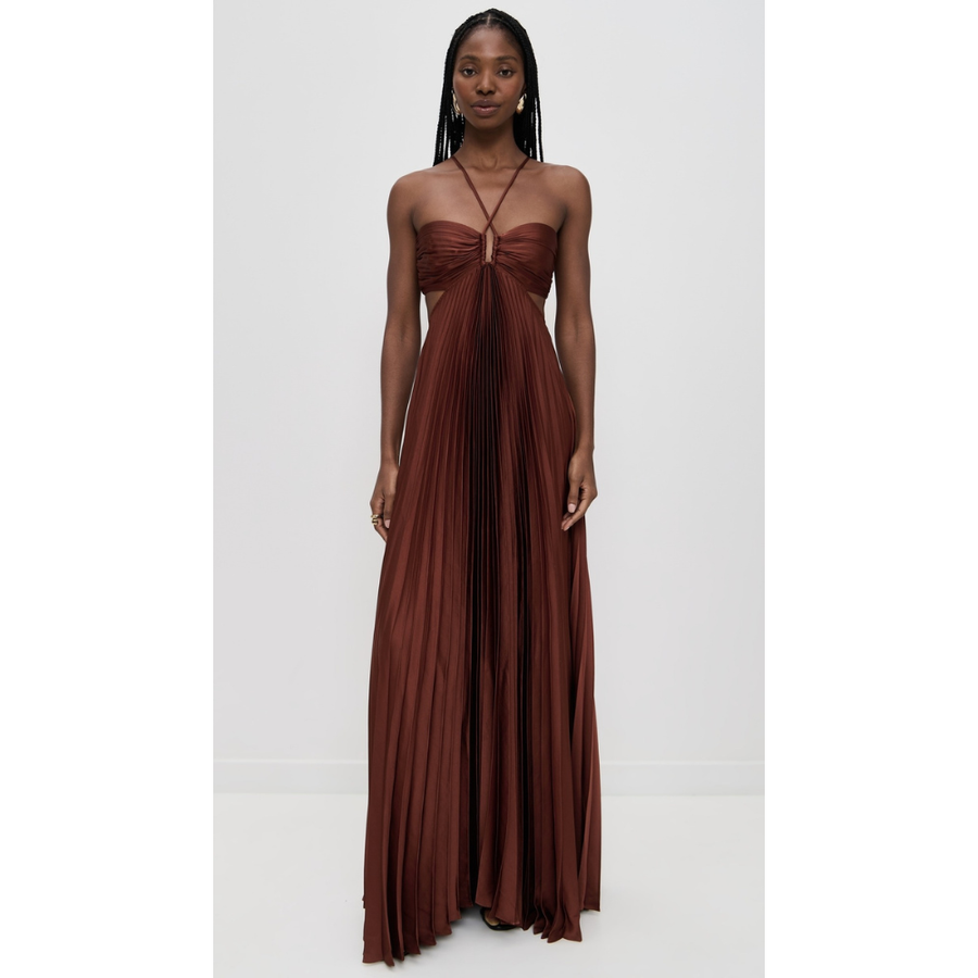 Monica | Halter Maxi Dress in Cocoa Satin