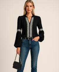 Monica™ Vintage V-Neck Blouse in Black