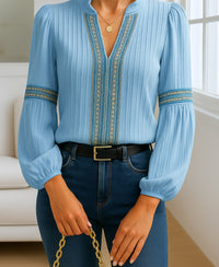 Monica™ Vintage V-Neck Blouse in Blue