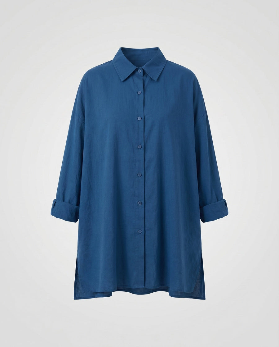 Myra Elegant Linen Blouse with Oversized in Blue