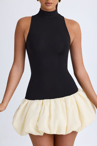 Modal Turtleneck Drop-Waist Bubble Hem Mini Dress in Black