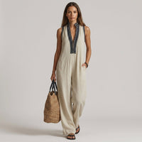 Nadia Embroidered Wide-Leg Jumpsuit in Beige