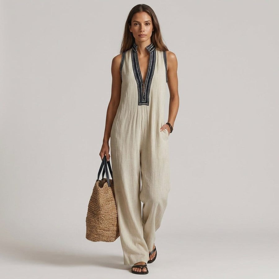 Nadia Embroidered Wide-Leg Jumpsuit in Beige