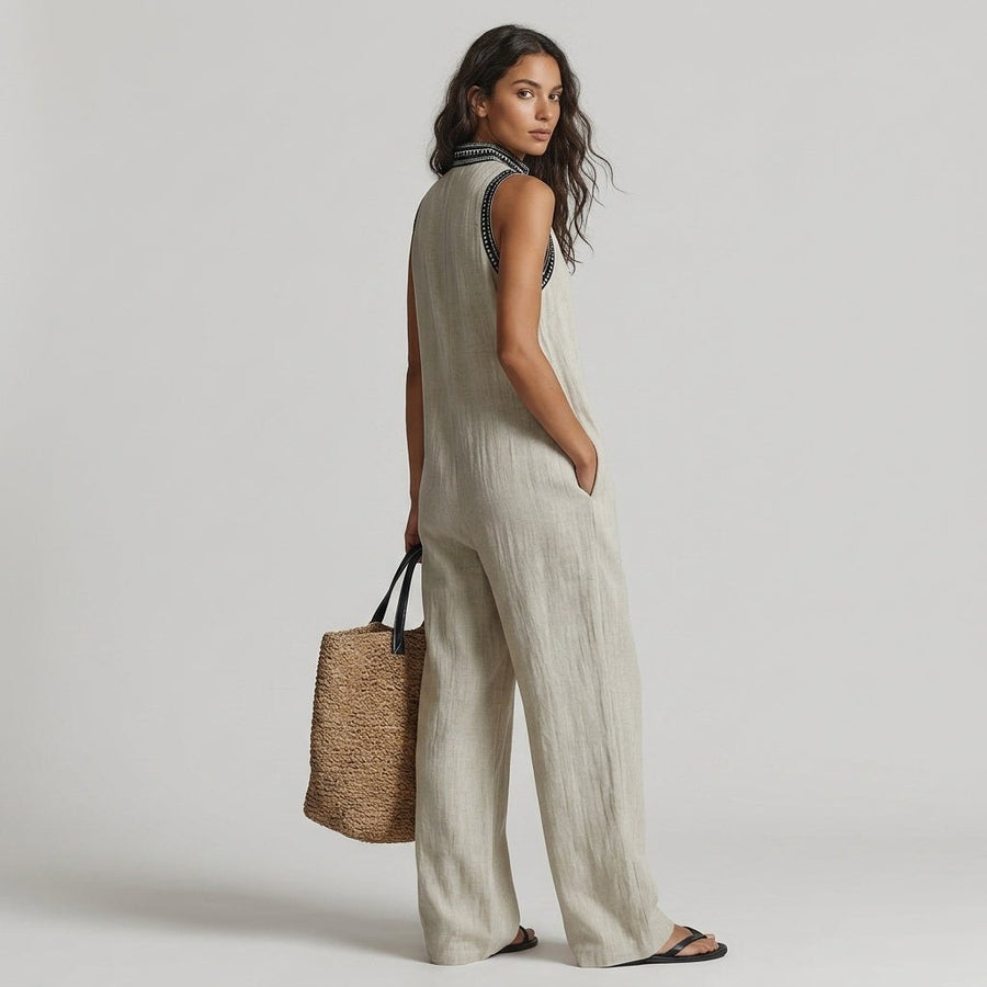 Nadia Embroidered Wide-Leg Jumpsuit in Beige