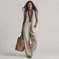 Nadia Embroidered Wide-Leg Jumpsuit in Beige