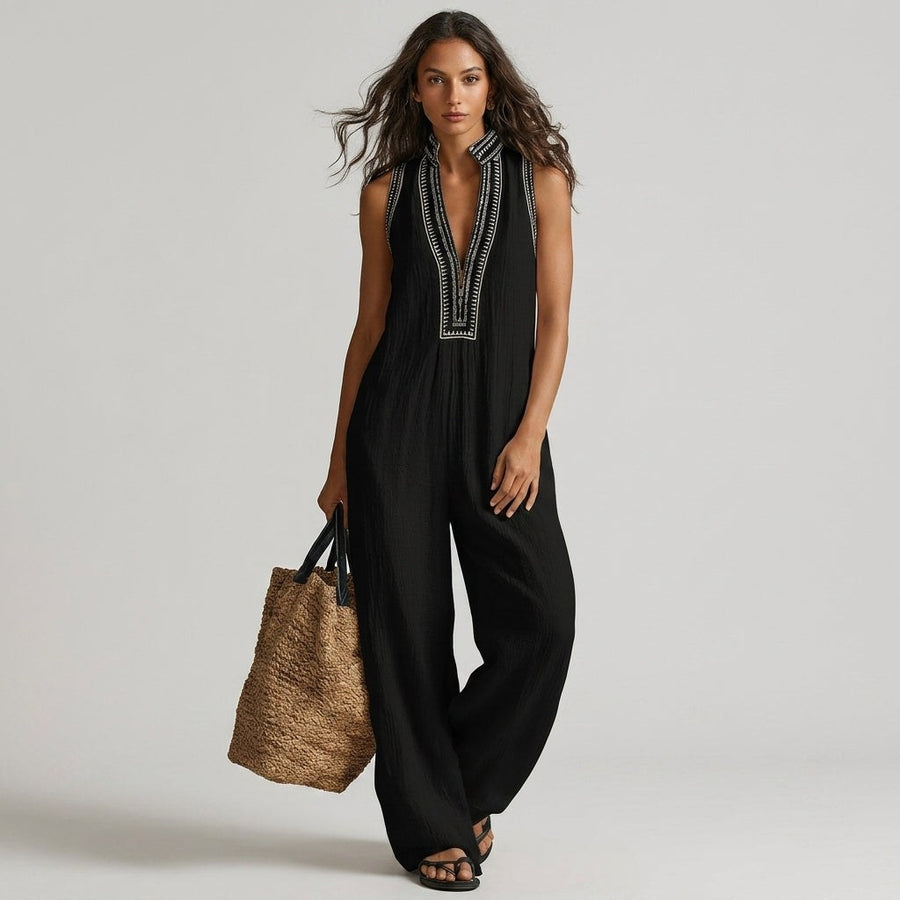 Nadia Embroidered Wide-Leg Jumpsuit in Charcoal