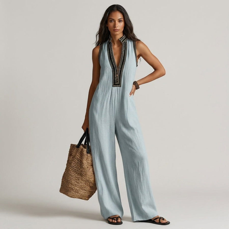 Nadia Embroidered Wide-Leg Jumpsuit in Powder Blue