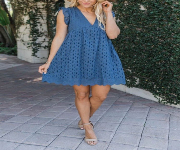 Nadine Airy Midi Dress with Ruffles in Blue