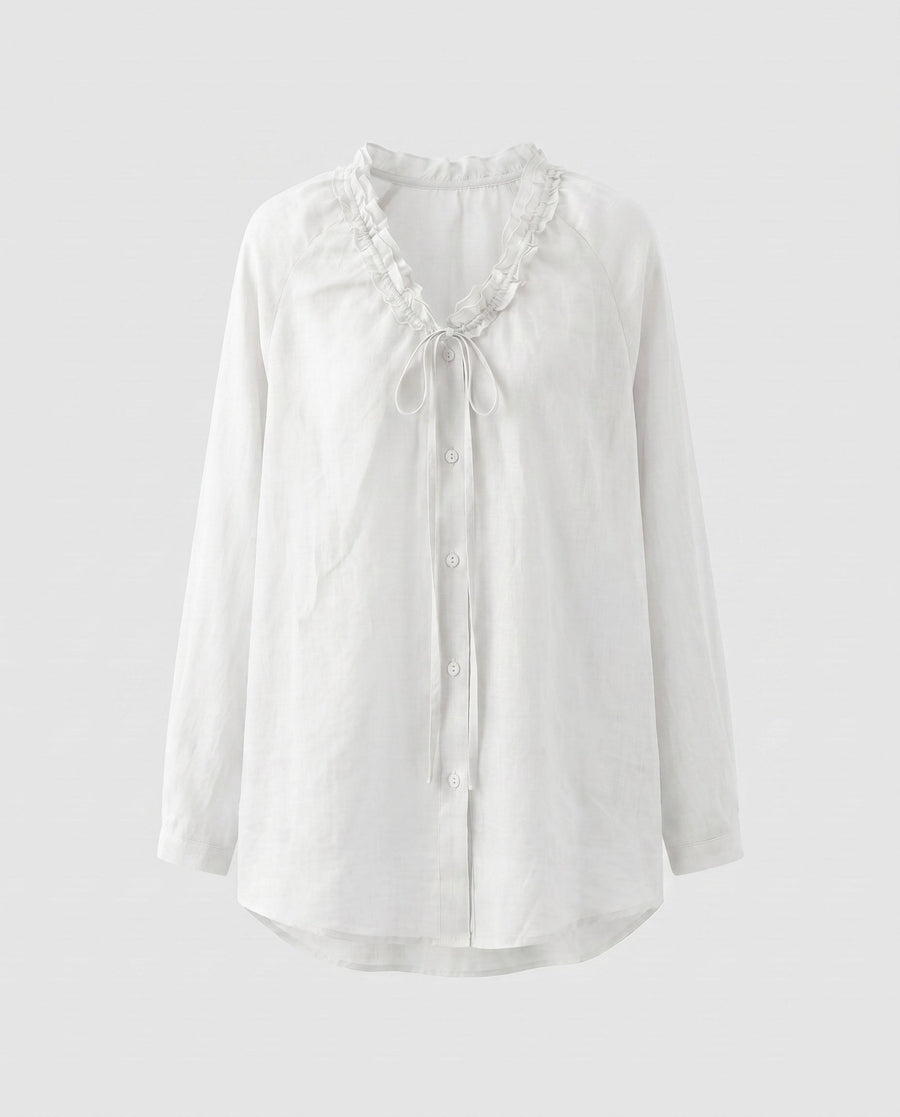 Nalani Airy Linen Blouse with Ruffles in White