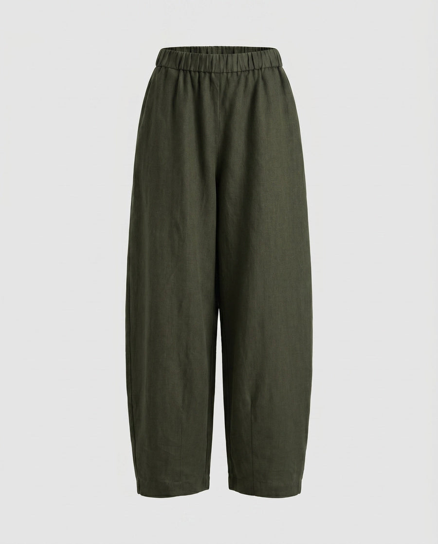 Naomi Relaxed Linen Bag with Elastic Waist and Pockets in Dark Green