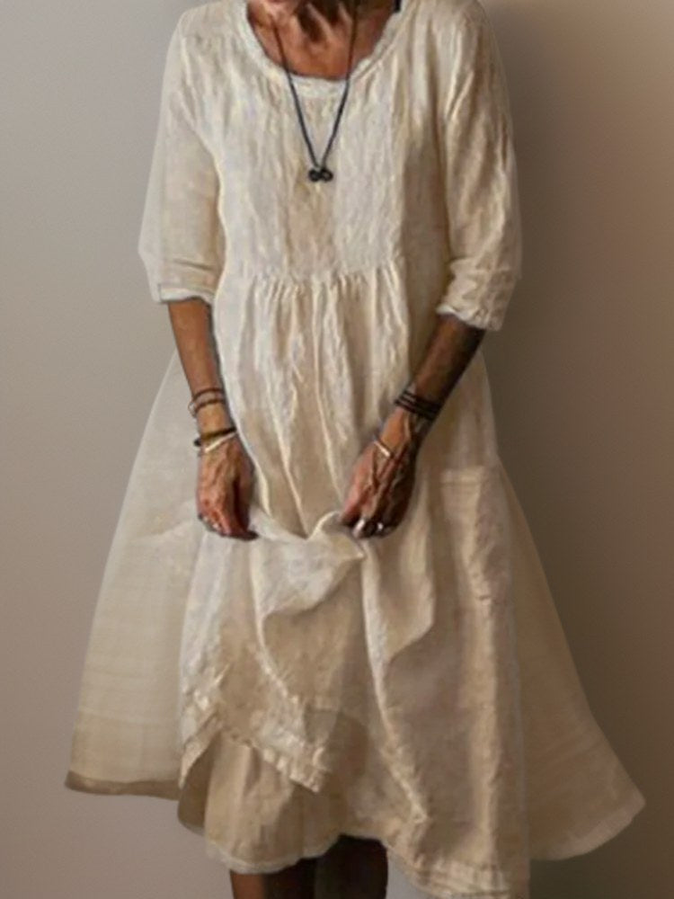 Naomi Women's Pleated Casual Midi Dress with 3/4 Sleeves in Beige