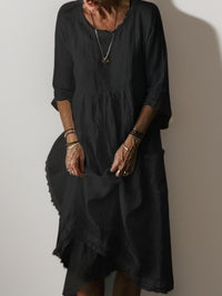 Naomi Women's Pleated Casual Midi Dress with 3/4 Sleeves in Black