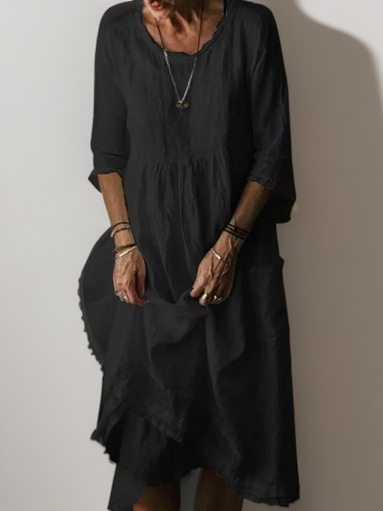 Naomi Women's Pleated Casual Midi Dress with 3/4 Sleeves in Black