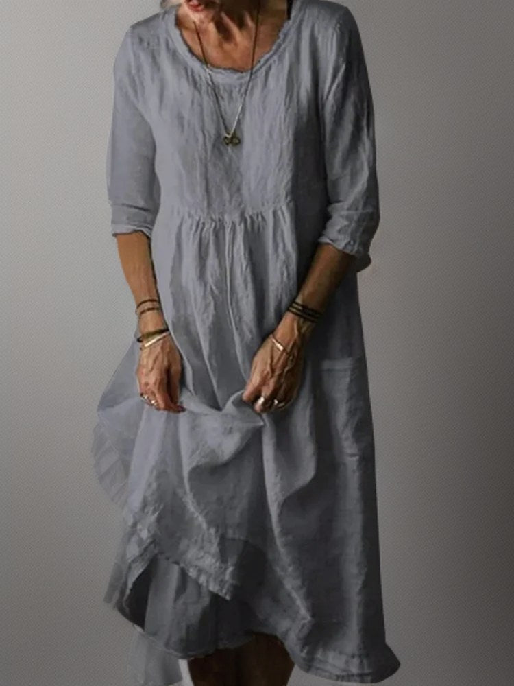 Naomi Women's Pleated Casual Midi Dress with 3/4 Sleeves in Grey