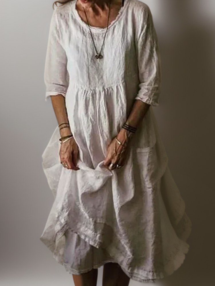 Naomi Women's Pleated Casual Midi Dress with 3/4 Sleeves in White