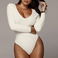 Natalia Bodysuit with V-Neck and Long Sleeve in White