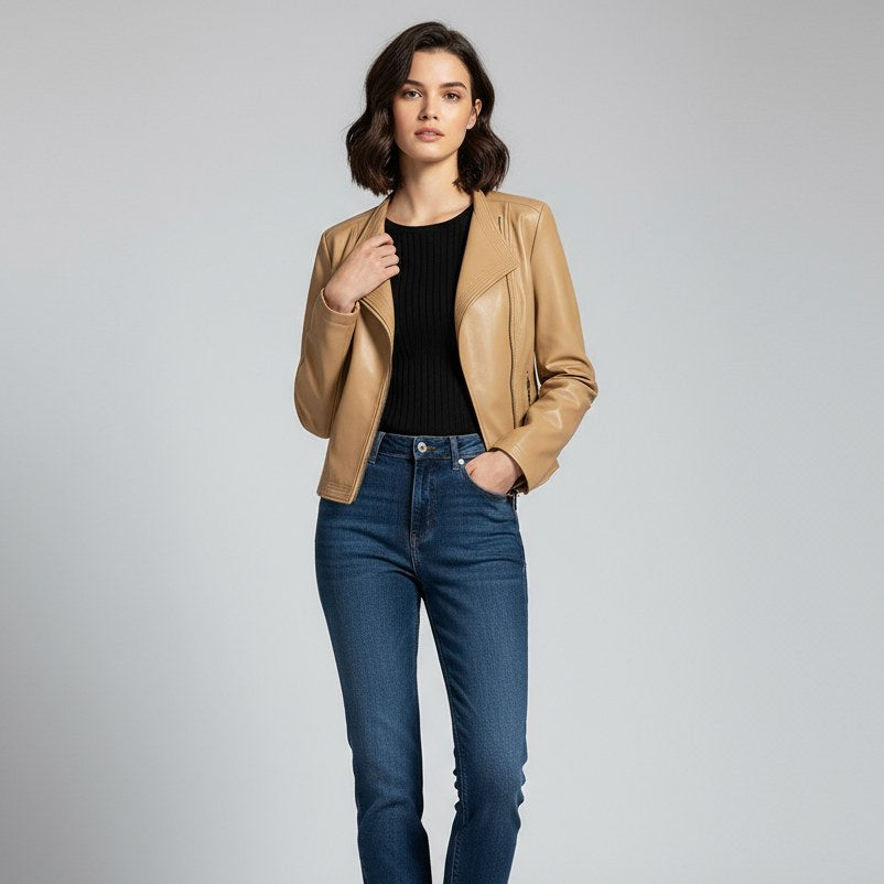 Natalie Tailored Leather Jacket in Beige