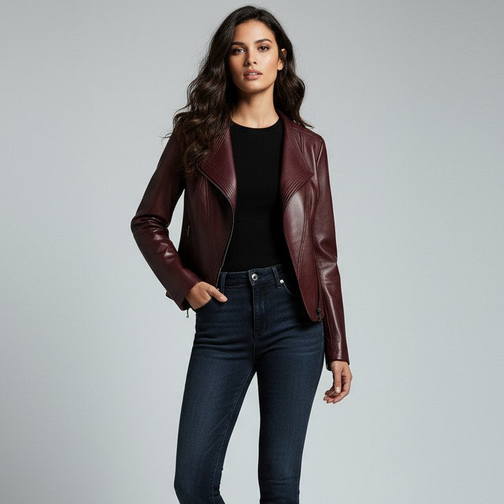 Natalie Tailored Leather Jacket in Maroon