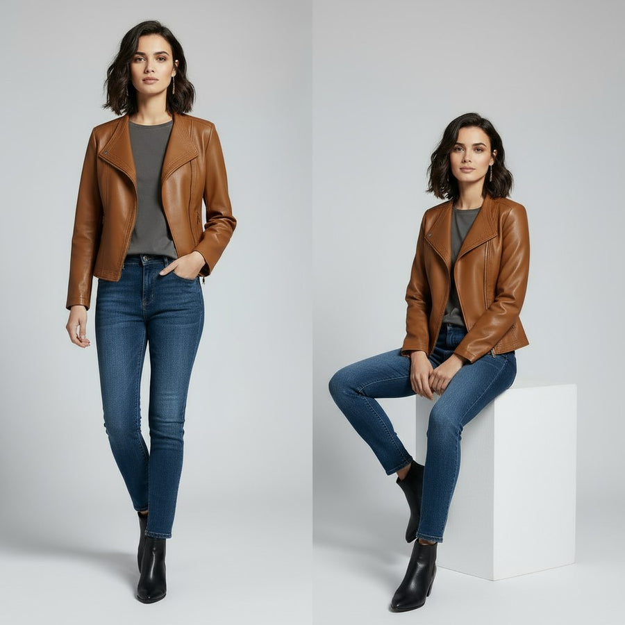 Natalie Tailored Leather Jacket in Sienna Brown