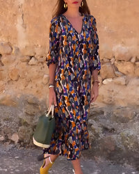 Nathalie™ Retro Print V-Neck Dress