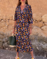 Nathalie™ Retro Print V-Neck Dress