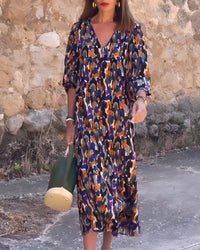 Nathalie™ Retro Print V-Neck Dress in Multicoloured
