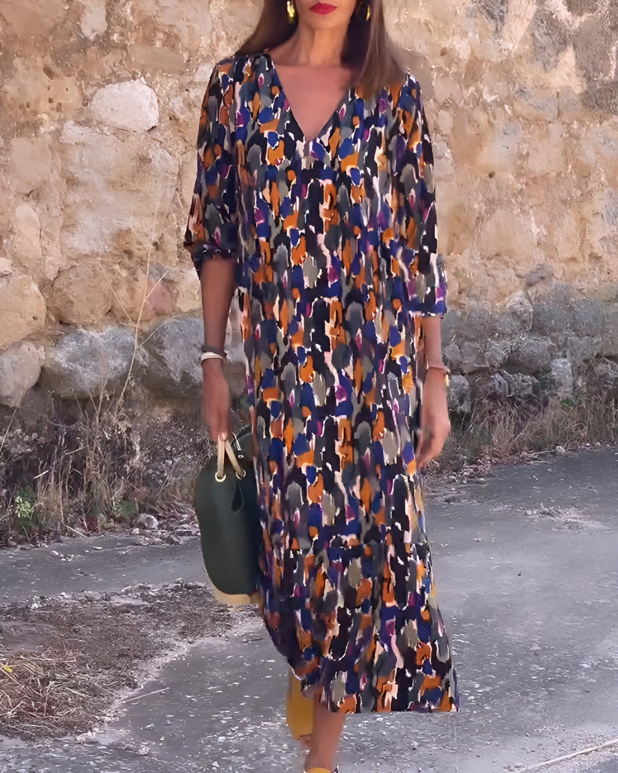 Nathalie™ Retro Print V-Neck Dress