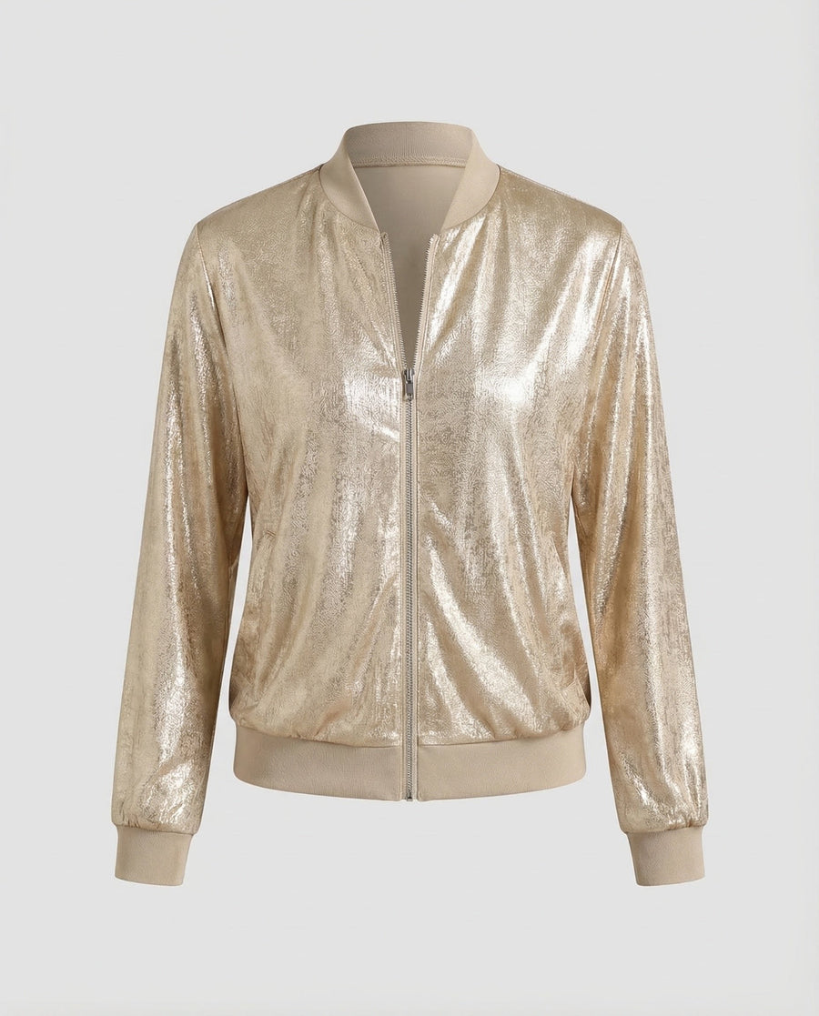 Nellie Satin Jacket with Zip Front in Champagne