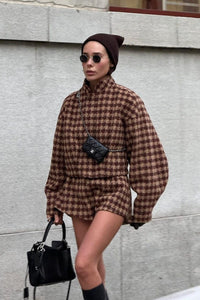 Nelvara Women's Co-Ord Set Houndstooth Jacket & Shorts in Brown
