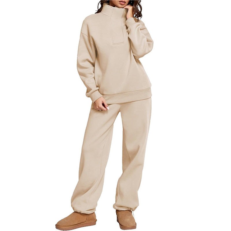 Nerissa Comfortable Trousers with Stand Collar in Beige