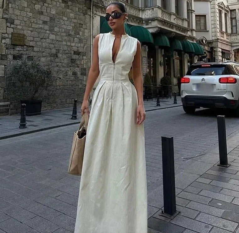 Nerissa Elegant Dress with V-Neck in Beige