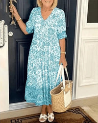 Nerissa Women's Floral Tiered Midi Dress in Light Blue