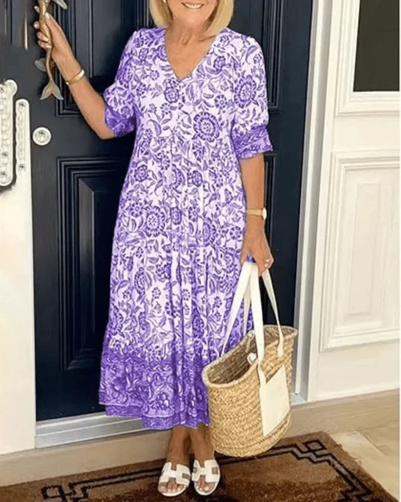 Nerissa Women's Floral Tiered Midi Dress in Purple