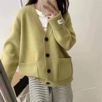 Nessa Knit Cardigan with V-Neck and Pockets in Olive Green