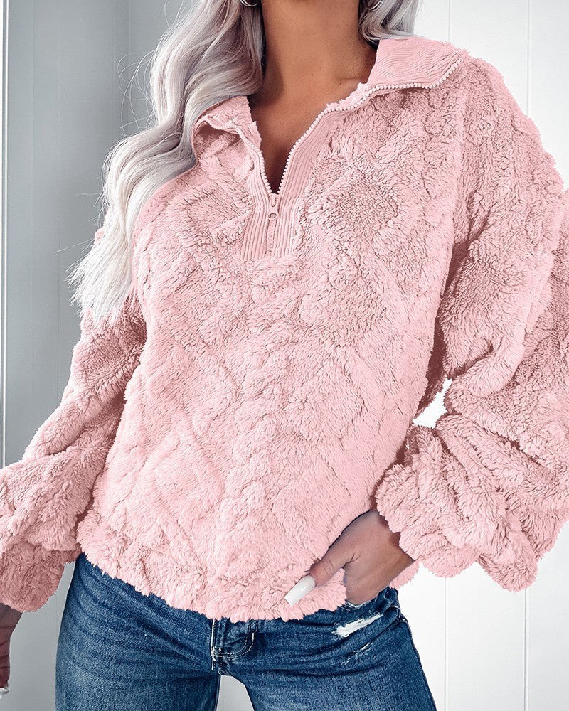 Nessa Sweater with Stand Collar and Zip Front in Pink