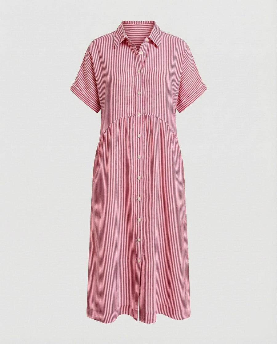 Neve Linen Shirt Dress with Striped in Red